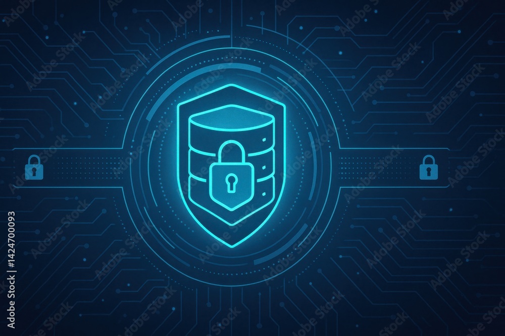 Poster a modern digital security shield symbolizing data protection and cybersecurity. this futuristic desi