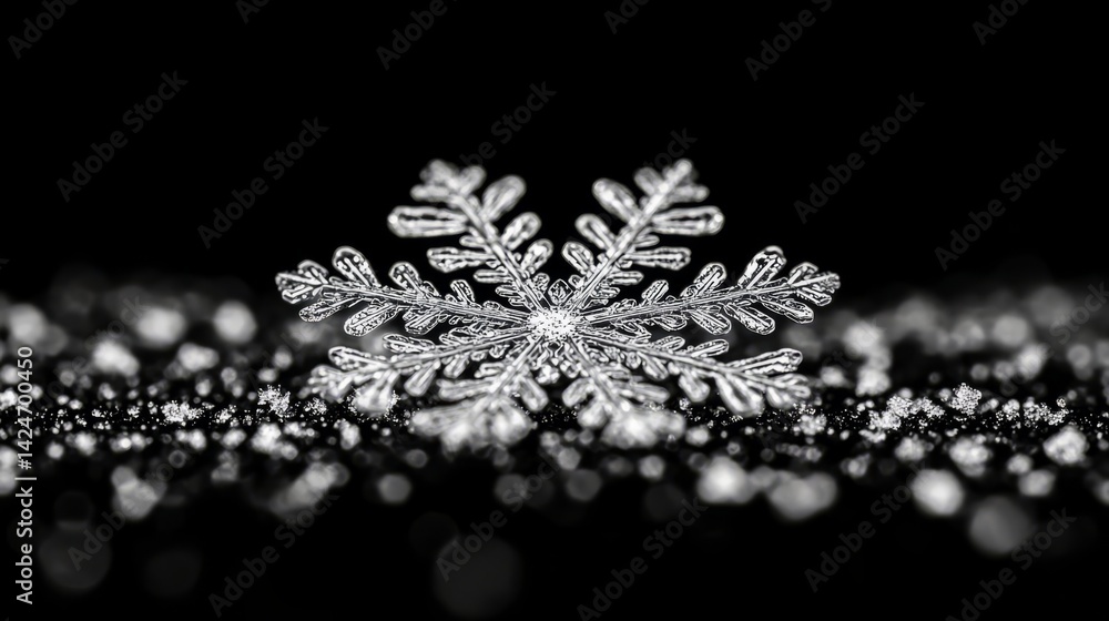 Poster a macro shot of a snowflake resting on a dark surface, showcasing its unique shape