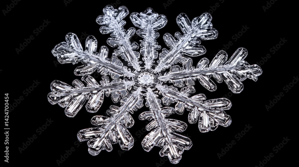 Poster a macro shot of a snowflake resting on a dark surface, showcasing its unique shape