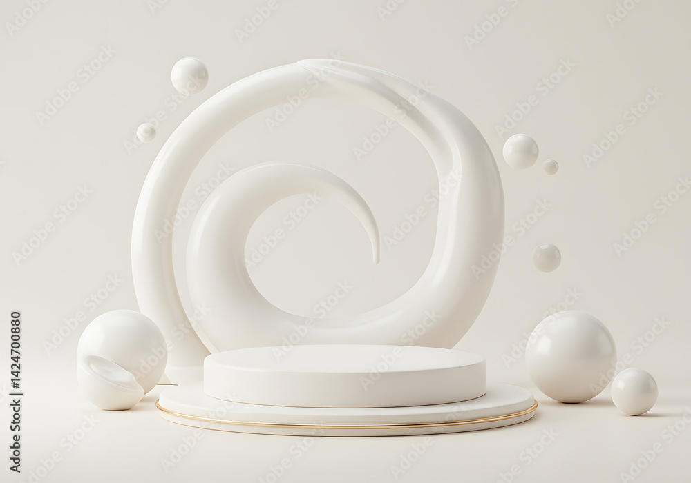 Poster abstract white product display podium with swirl and spheres for showcase and presentation.
