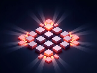 A captivating display of illuminated geometric shapes in a symmetric arrangement, featuring soft orange glows against a dark background, creating a dynamic, modern visual contrast.