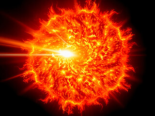 A striking image of a fiery sun exploding with vibrant reds and yellows against a dark backdrop, capturing the energy and warmth of solar brilliance in a captivating display.