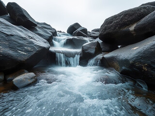 A tranquil waterfall cascades over dark, textured rocks, creating a serene and soothing atmosphere. The water flows gently, reflecting the soft light and surrounding nature.