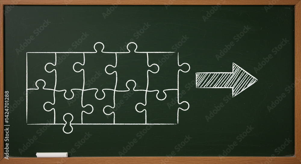 Poster chalkboard puzzle pieces moving forward showing progress and planning on a dark green surface with