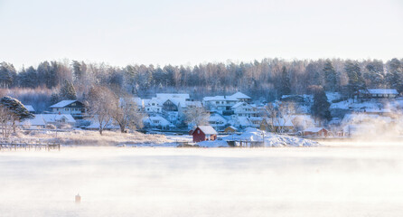 A Cold Winter Day with Frost Smoke at Aarefjorden in Moss, Norway