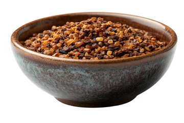 Brown and golden granules in a ceramic bowl