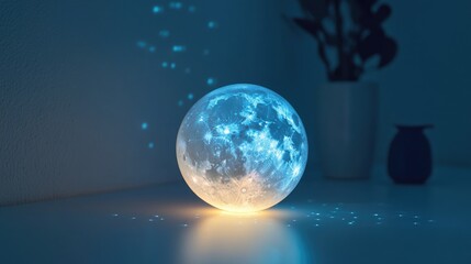 A glowing star projector toy in the shape of a moon lamp