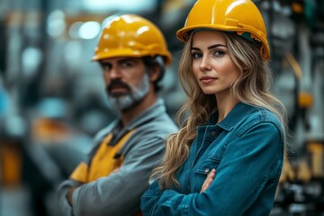 Confident Industrial Workers in Safety Gear at Factory Site