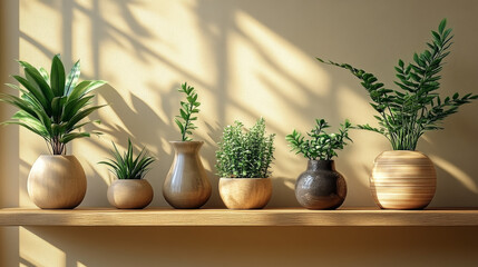 A minimalist shelf displays a curated set of plants, a vase, and line art, with a neutral background enhancing the modern aesthetic