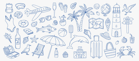 Illustrations of summer vacation items and activities in a beach setting