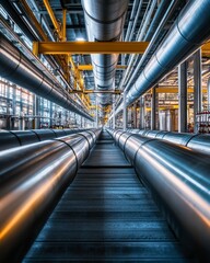Wide-Angle View: Underground Geothermal Processing Units with Thick Piping Arrays. .