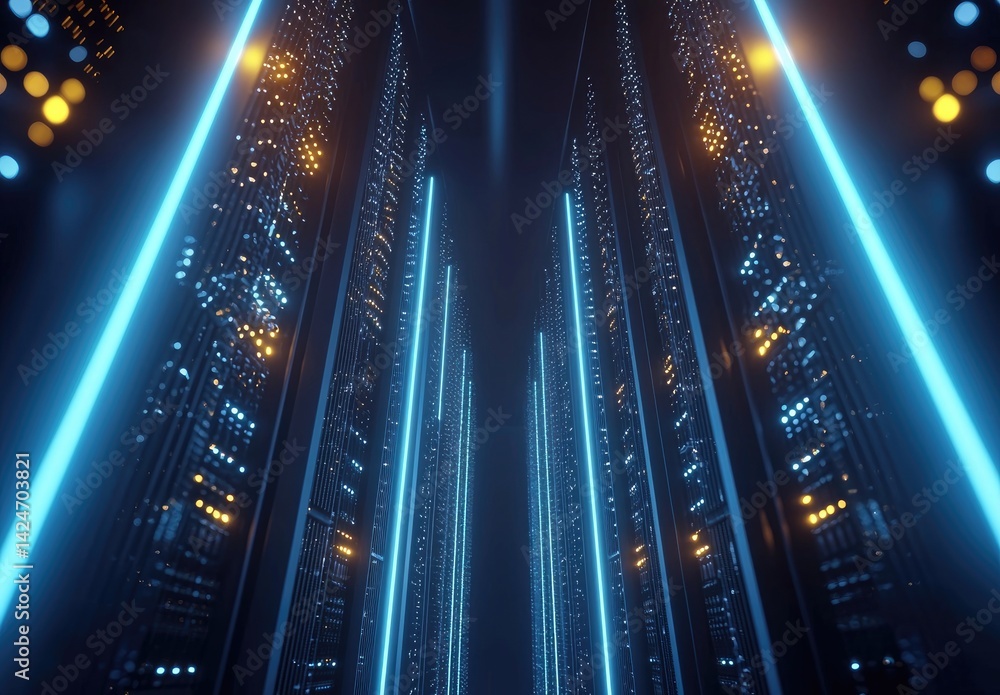 Aufkleber Futuristic 3D rendering of a glowing server room with rows of data racks lit by blue and amber lights, ideal for tech presentations, cloud computing, or AI concepts