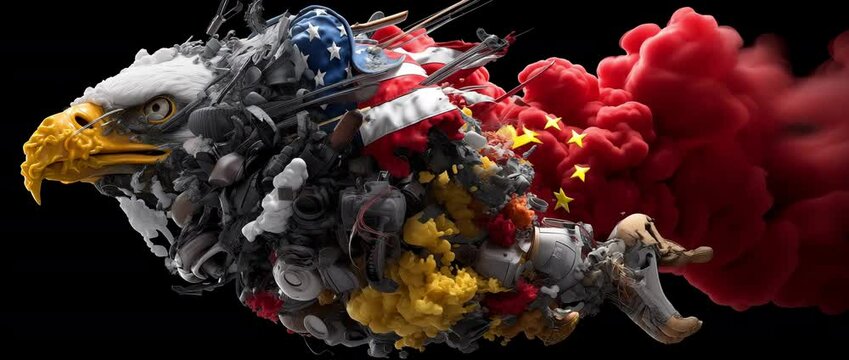 Aggressive eagle-like machine composed of American and Chinese flags and weapons, emitting red and yellow smoke trails in slow motion representing the deteriorating world economy..