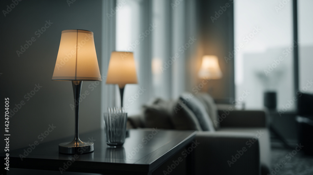 Poster illuminated lamps on a table in a dimly lit room with a sofa and sheer curtains in the background
