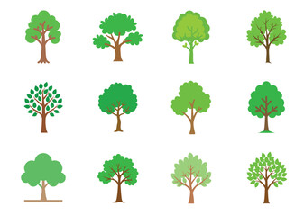 Fototapeta premium Tree flat icon Set with green leaves Design, Tree silhouette Vector Set