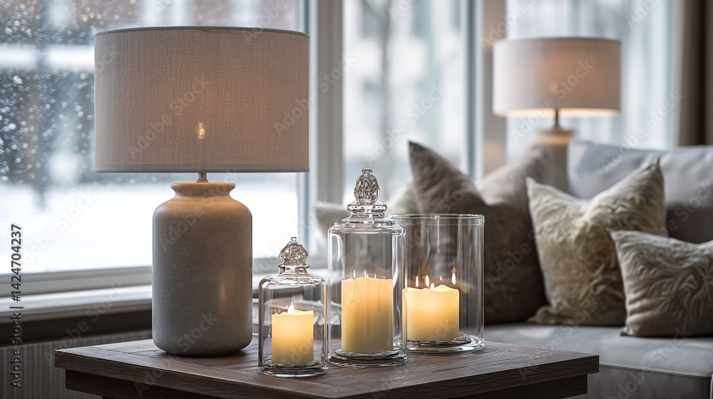 Poster lamp and candles on a wooden table with a sofa and window in the background in a cozy setting