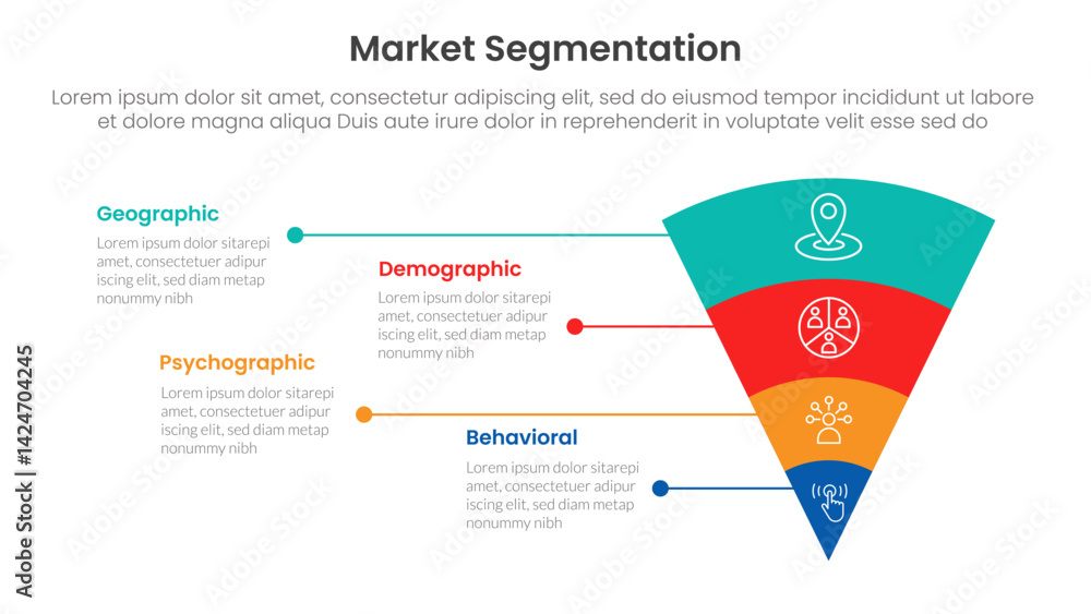 Poster market segmentation framework analysis infographic 4 point stage template with funnel reverse pyrami
