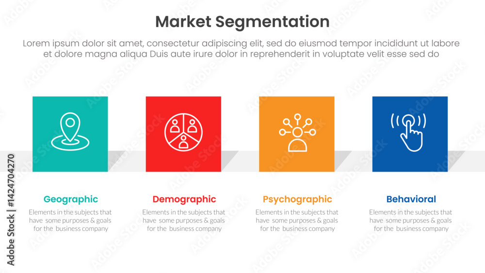 Poster market segmentation framework analysis infographic 4 point stage template with square rectangle shap
