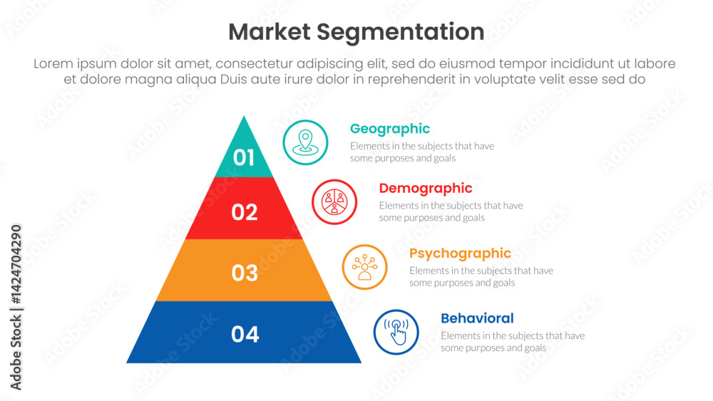 Poster market segmentation framework analysis infographic 4 point stage template with pyramid right side in