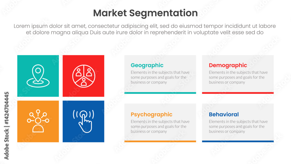 Poster market segmentation framework analysis infographic 4 point stage template with rectangle box combina