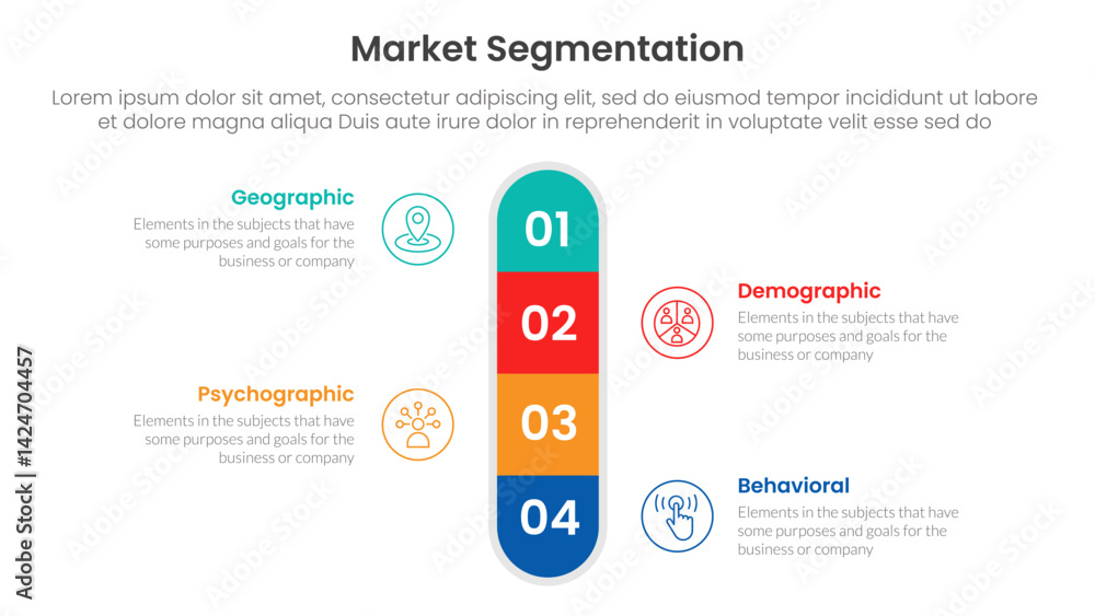 Poster market segmentation framework analysis infographic 4 point stage template with round box vertical ce