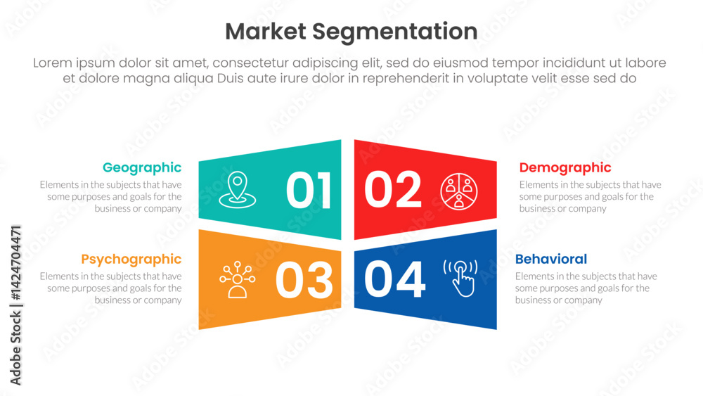 Poster market segmentation framework analysis infographic 4 point stage template with rectangle creative sh