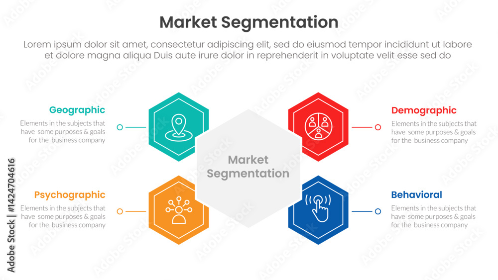 Poster market segmentation framework analysis infographic 4 point stage template with hexagon shape connect