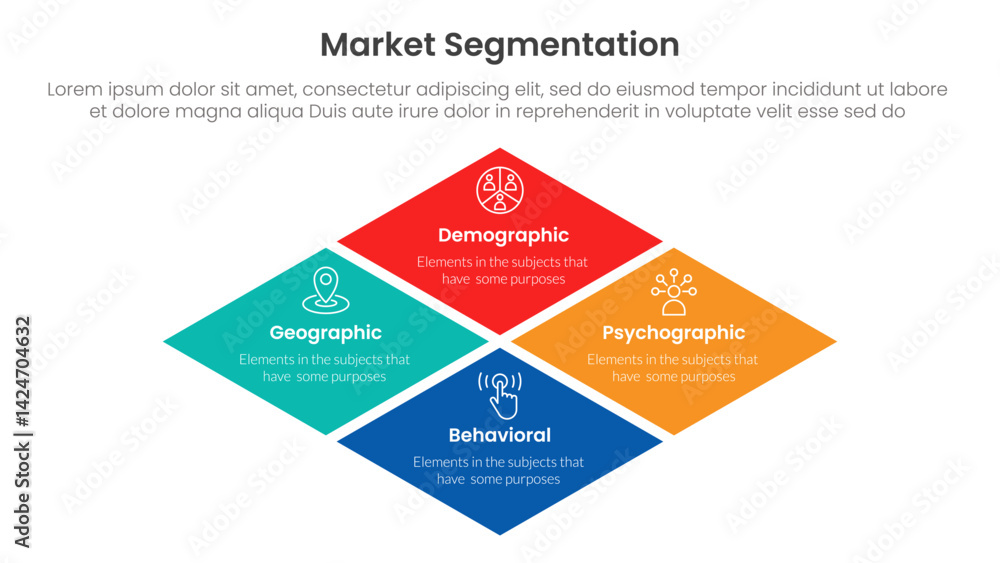 Poster market segmentation framework analysis infographic 4 point stage template with rhombus rotated squar
