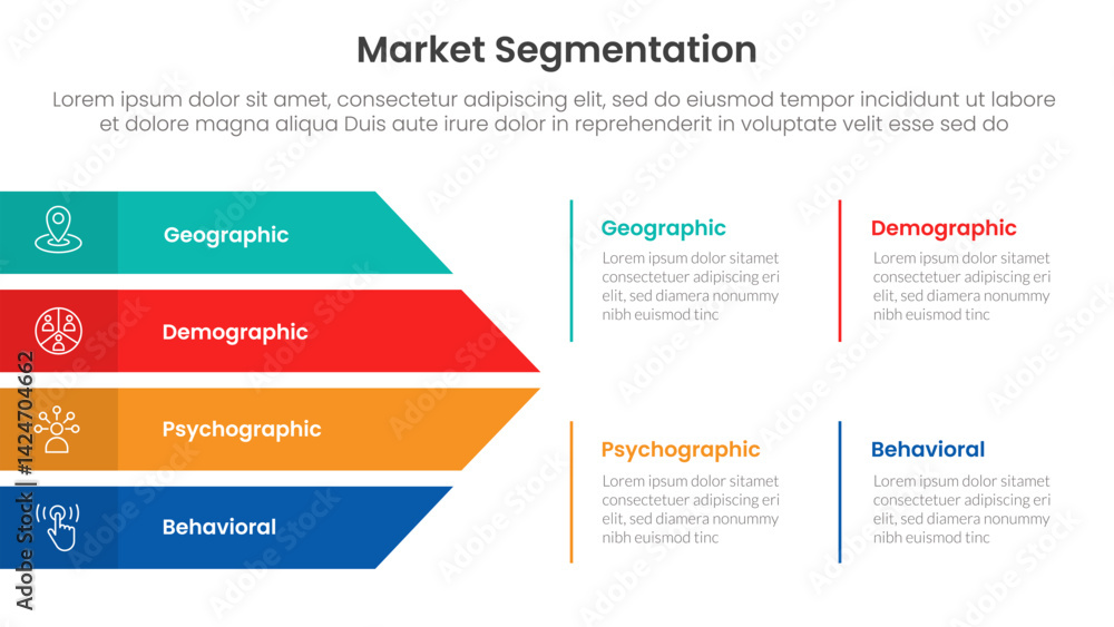 Poster market segmentation framework analysis infographic 4 point stage template with big arrow shape combi