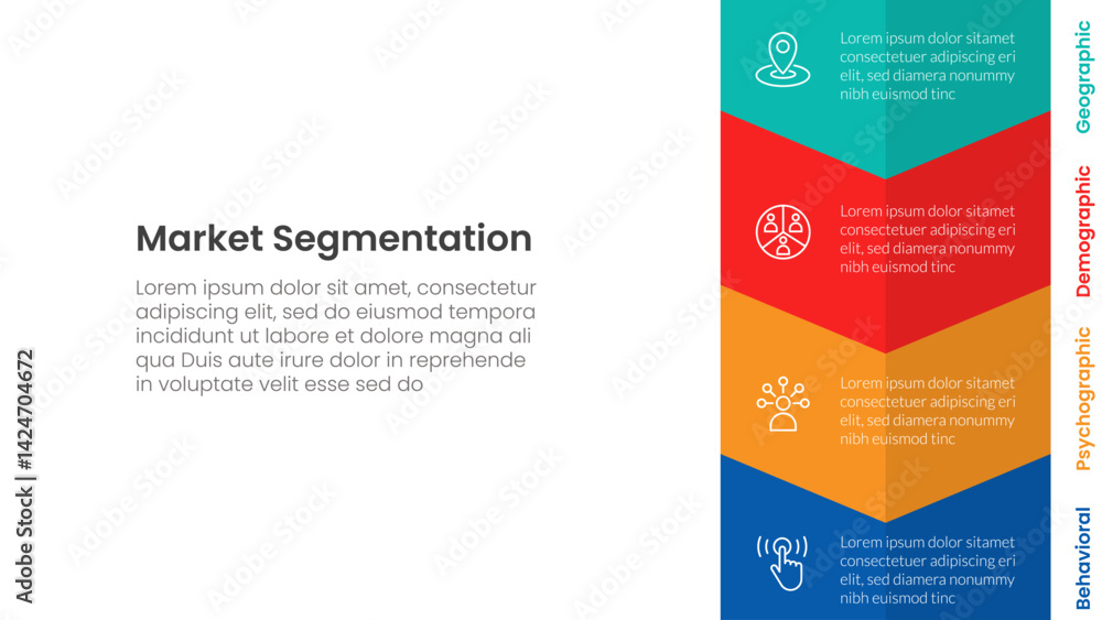 Poster market segmentation framework analysis infographic 4 point stage template with vertical arrow bottom