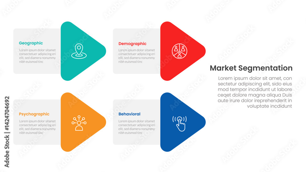 Poster market segmentation framework analysis infographic 4 point stage template with arrow shape combinati