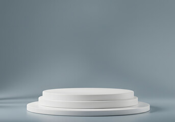 Minimalist White Product Display Podium Stage on Blue Background, Presentation, Showcase, Pedestal.