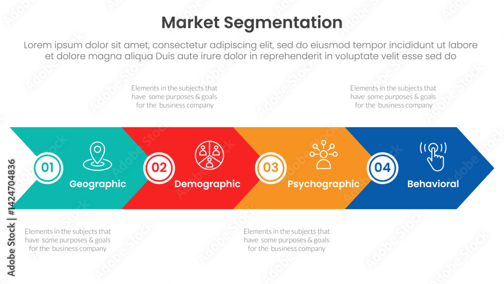 Poster market segmentation framework analysis infographic 4 point stage template with big arrow horizontal 