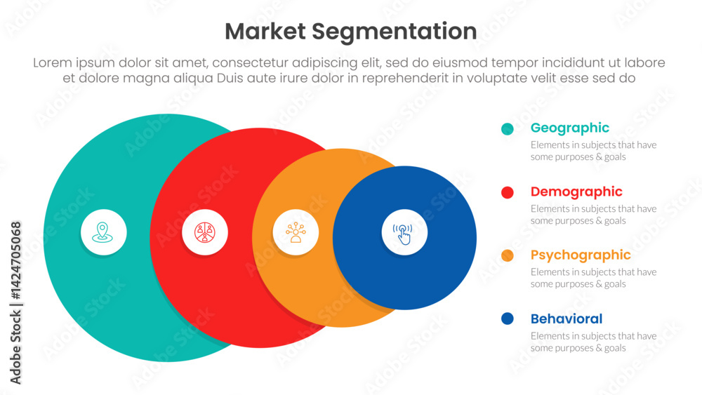 Poster market segmentation framework analysis infographic 4 point stage template with big circle from big t