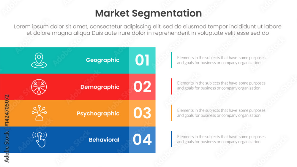 Poster market segmentation framework analysis infographic 4 point stage template with big rectangle box ver
