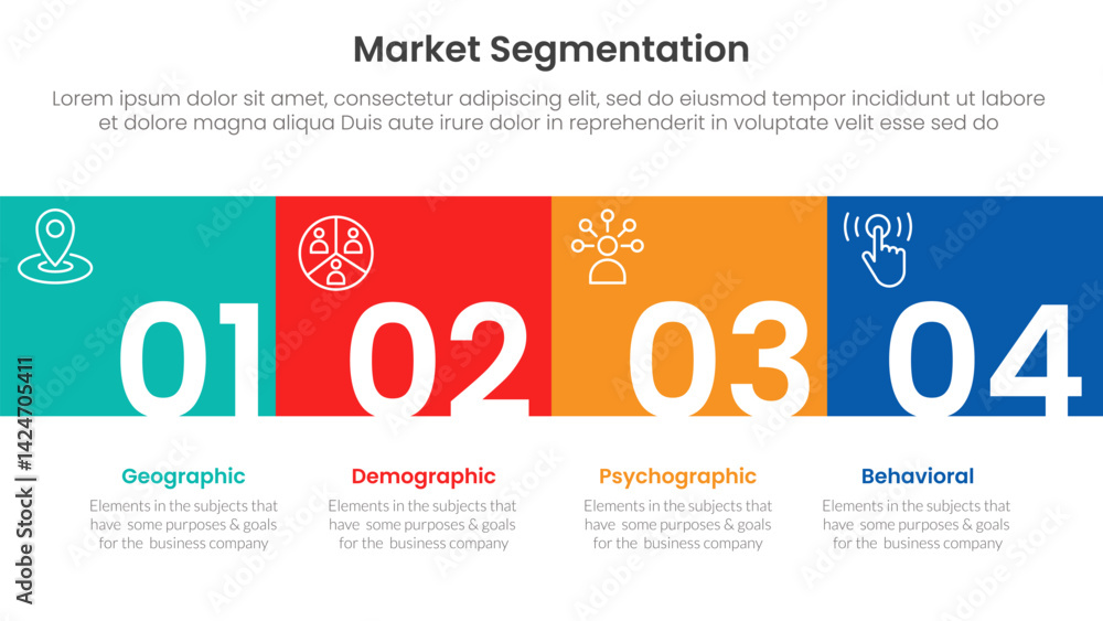 Poster market segmentation framework analysis infographic 4 point stage template with square box full width