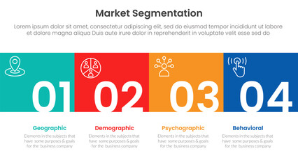 market segmentation framework analysis infographic 4 point stage template with square box full width horizontal and title badge for slide presentation