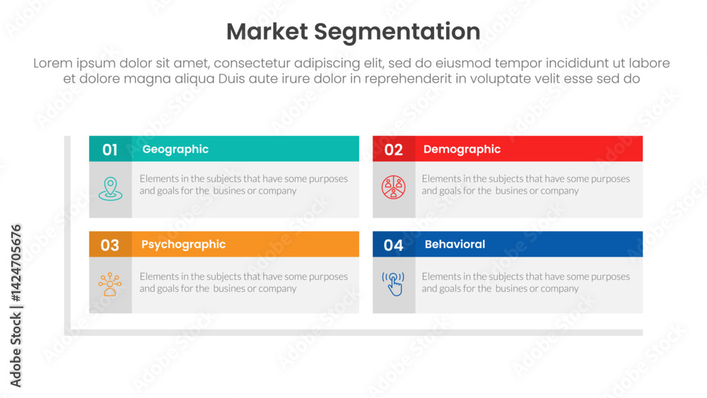 Poster market segmentation framework analysis infographic 4 point stage template with rectangle box table h