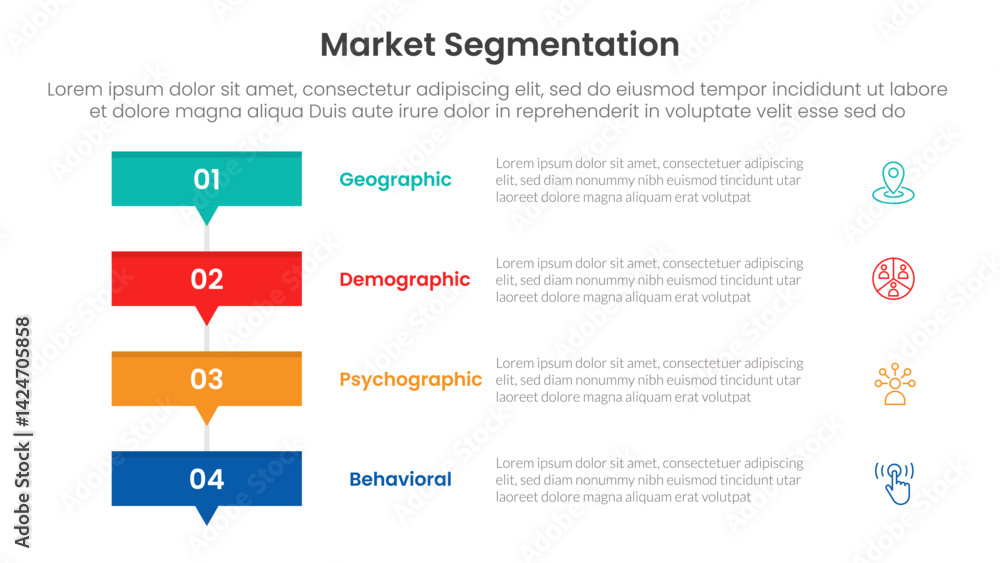 Poster market segmentation framework analysis infographic 4 point stage template with rectangle box stack w