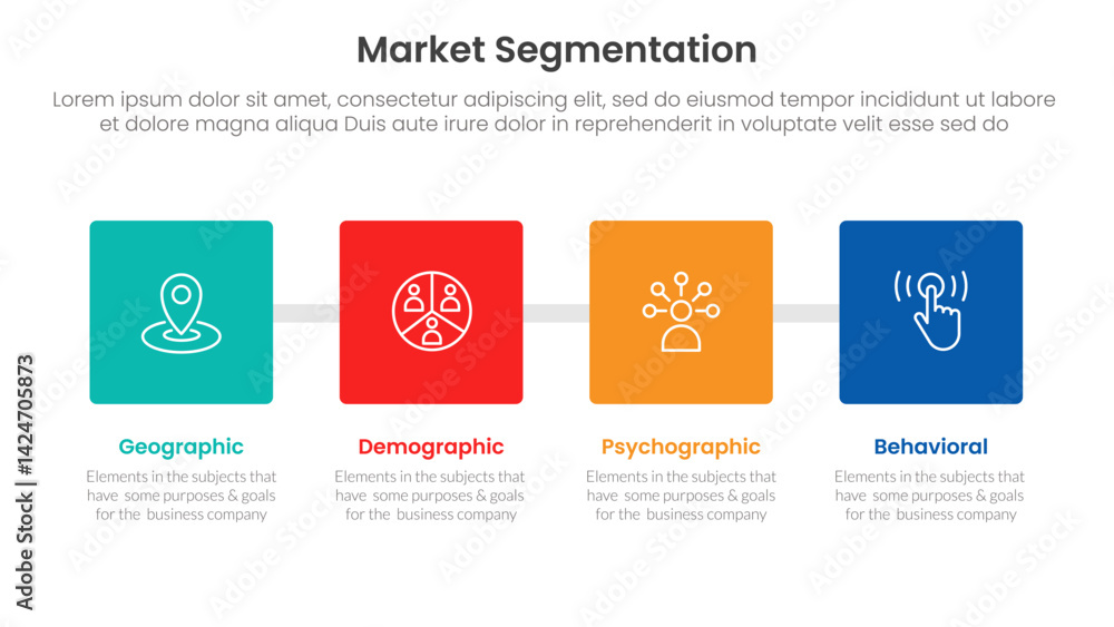 Poster market segmentation framework analysis infographic 4 point stage template with square box with horiz