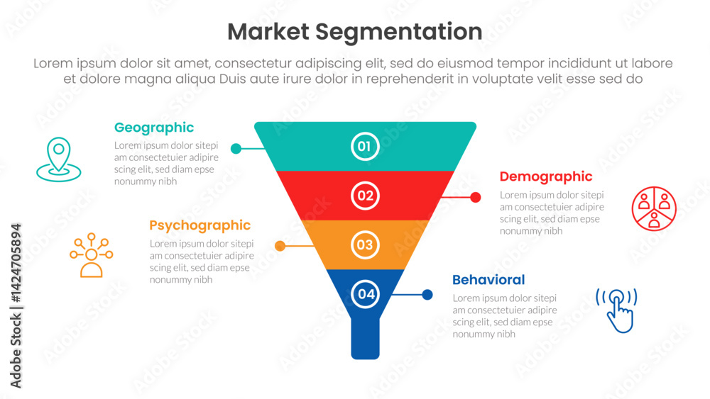 Poster market segmentation framework analysis infographic 4 point stage template with funnel shape on cente
