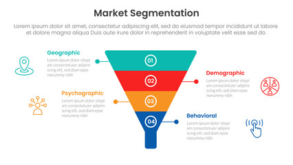 market segmentation framework analysis infographic 4 point stage template with funnel shape on center for slide presentation