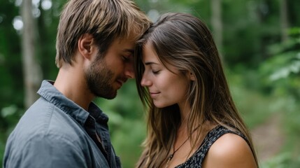 Close-up of young couple with foreheads touching in a forest, showing intimacy and tenderness