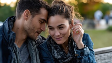 Obraz premium Young Couple Listening to Music Close Up Outdoors in Park, Romantic Moment, Smiling Friends