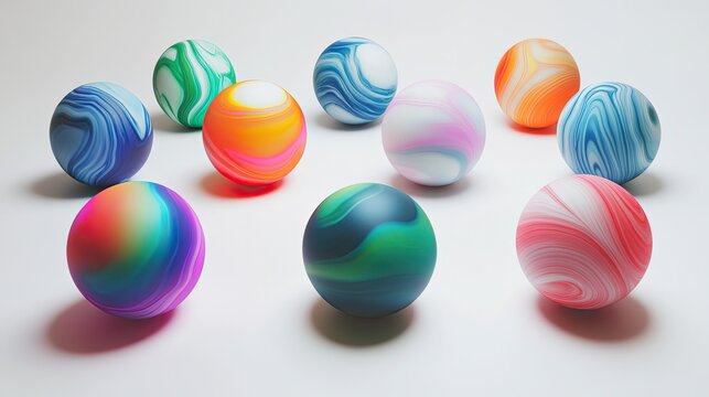 A striking set of rubber bouncing balls featuring vivid gradients and marbled effects displayed on smooth white