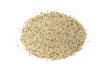 Shelled hemp seeds pile isolated, peeled cannabis grains, marijuana kernels without peel