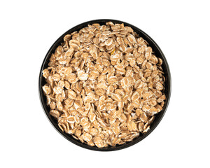 Spelt flakes isolated, dry raw rolled flat oat grains, wheat, oatmeal or bran, barley rye cereals