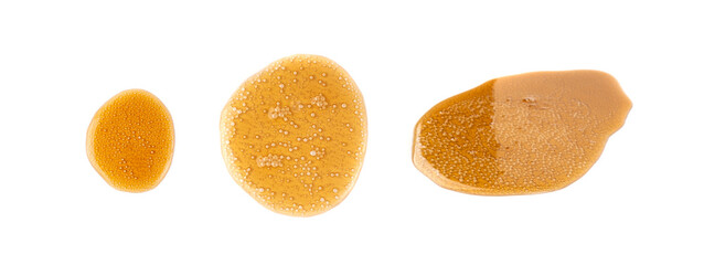 Spilled soda isolated, soft drink puddle, liquid stain, beer splatter, brown sparkling water with bubbles