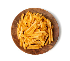 Fried chips sticks isolated, finger potato chips, golden shoestring fries pile, French fries