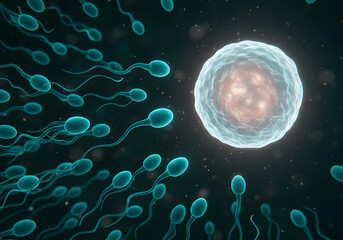 Naklejka premium Sperm Cells Swimming Towards Egg Cell Conception, Fertilization, Reproduction, Human Biology, Medical, Healthcare Concept.